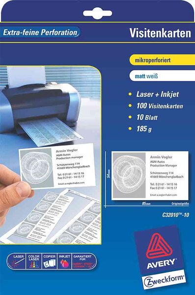 cartes de visite, 85x54mm, blanc, 250 pièces AVERY ZWECKFORM