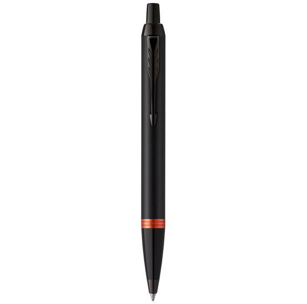 Stylo bille Parker IM Vibrant Rings  Satin noir laqué  attributs orange vif  recharge bleue pointe moyenne  Coffret cadeau