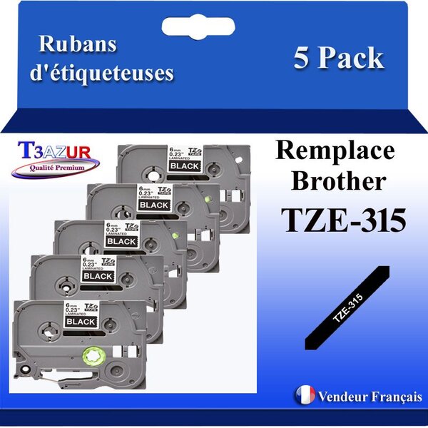 5x Rubans d'étiqueteuses compatibles avec Brother Tze315 Tze-315 pour étiqueteuses P-touch - Texte blanc sur fond noir - Largeur 6 mm x 8 mètres - T3AZUR