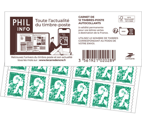Carnet 12 timbres Marianne de l'avenir - Lettre Verte - Couverture Philinfo