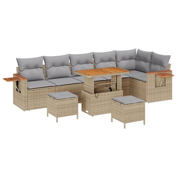 Ensemble de Canapés de Jardin 9 Pièces avec Coussins Beige Poly Rattan Acacia