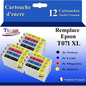 T3AZUR- 12x Cartouches Compatibles avec Epson T0711 remplace Epson D78 D120 DX4000 DX5000 DX6000 DX7400 DX8400 DX9400F S20 S21 SX100 SX105 SX110 SX200 SX210 SX215 SX400 SX410 SX510W SX600FW