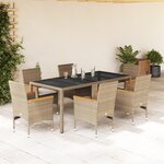 vidaXL Ensemble à manger de jardin et coussins 7 Pièces beige rotin verre