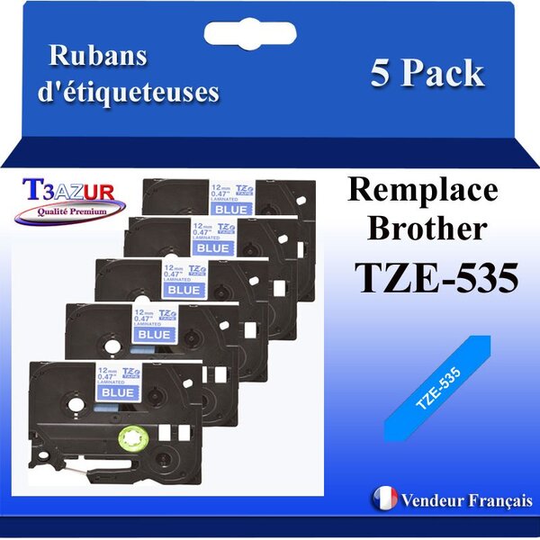 5x d'étiqueteuses compatibles avec Brother Tze535 Tze-535 pour étiqueteuses P-touch - Texte blanc sur fond bleu - T3AZUR