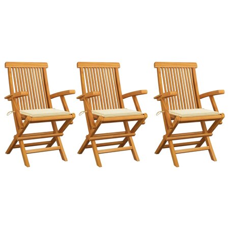 vidaXL Chaises de jardin avec coussins crème 3 Pièces Bois de teck massif