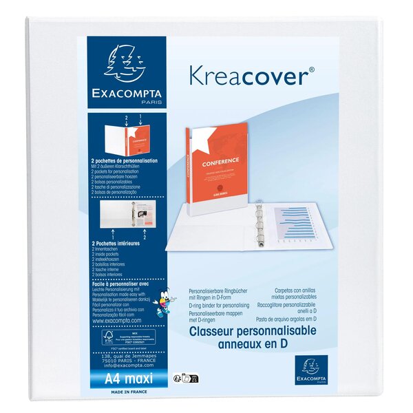 Classeur Pp Personnalisable Kreacover - 4 Anneaux En D 60mm - A4 Maxi - Blanc - X 10 - Exacompta