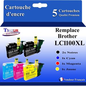 T3AZUR- Lot de 5 Cartouches compatibles avec Brother LC1100 XL pour Brother MFC250C MFC255CW MFC257CW MFC290C MFC295CN MFC297C
