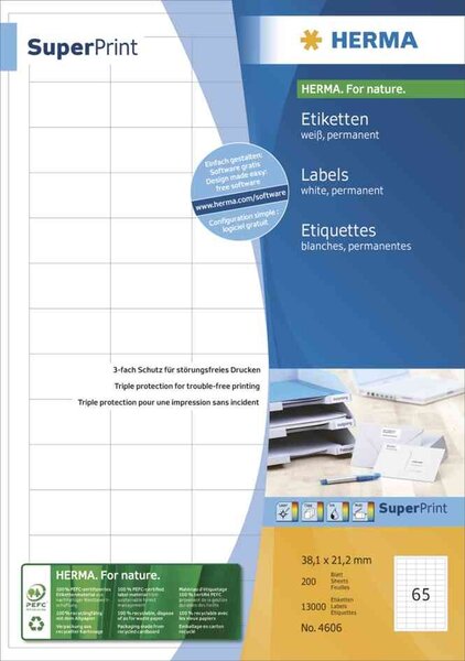 Etiquettes superprint, 70 x 29,7 mm, sans bord, blanc 6000 sur 200 f herma