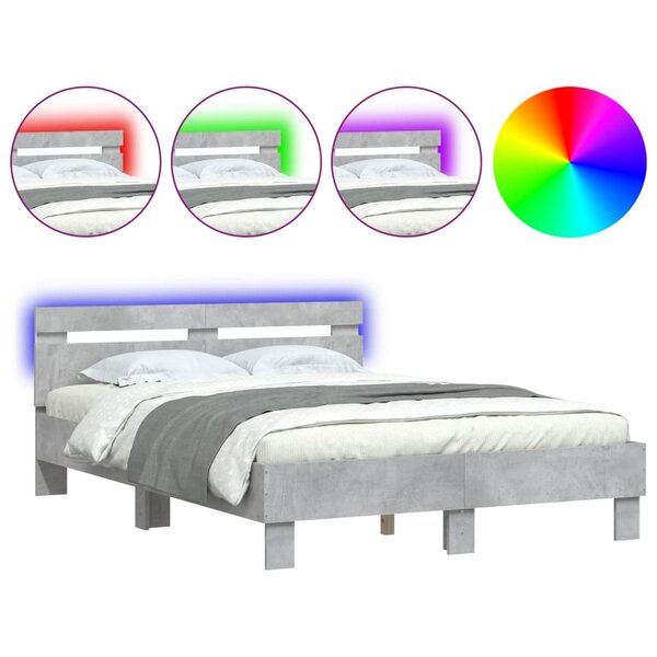 vidaXL Cadre de lit avec tête de lit et LED gris béton 135x190 cm