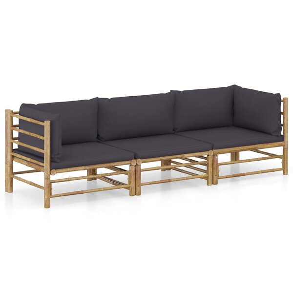 vidaXL Salon de jardin 3 Pièces avec coussins gris foncé bambou
