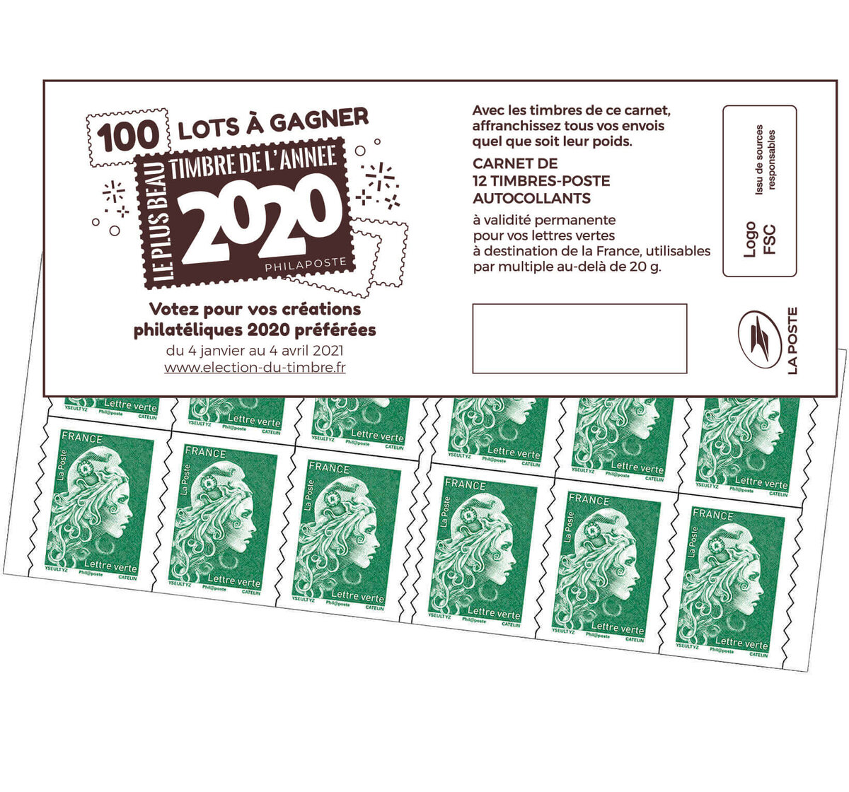 Carnet 20 timbres Marianne l'engagée - Lettre verte - La Poste