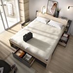 Lit adulte 160 x 200 cm - 3 tiroirs + Tête de lit avec rangement - Décor chêne et anthracite