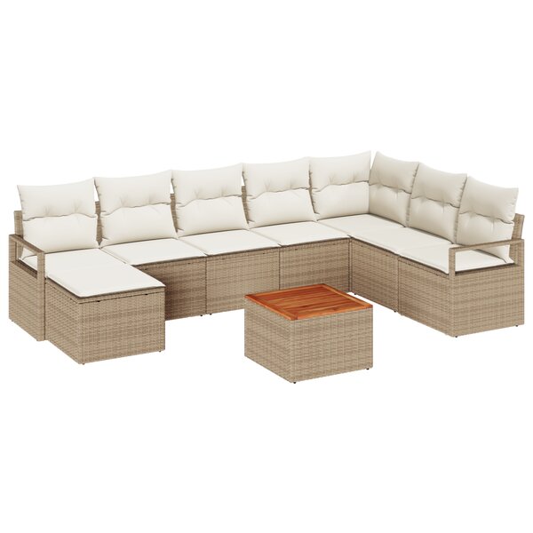 Ensemble de canapé de jardin 9 pièces avec coussins beige en poly rotin acacia