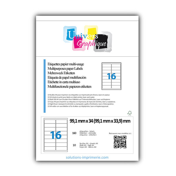 Lot de 10 planches a4 de 16 étiquettes à bords ronds 99 1 x 33 9 mm en papier blanc 70g/m² multifonction