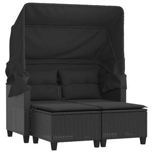 vidaXL Canapé de jardin 2 places avec auvent et tabourets noir rotin
