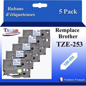 5x Rubans d'étiqueteuses compatibles avec Brother Tze253 Tze-253 pour étiqueteuses P-touch - Texte bleu sur fond blanc - Largeur 24 mm x 8 mètres - T3AZUR