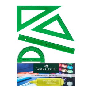 Pack scolaire Faber-Castell de 4 règles - Règle droite - Rapporteur - Équerre - Équerre - Couleur verte transparente