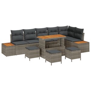 Ensemble de canapé de jardin 10 pièces avec coussins gris poly rattan acacia