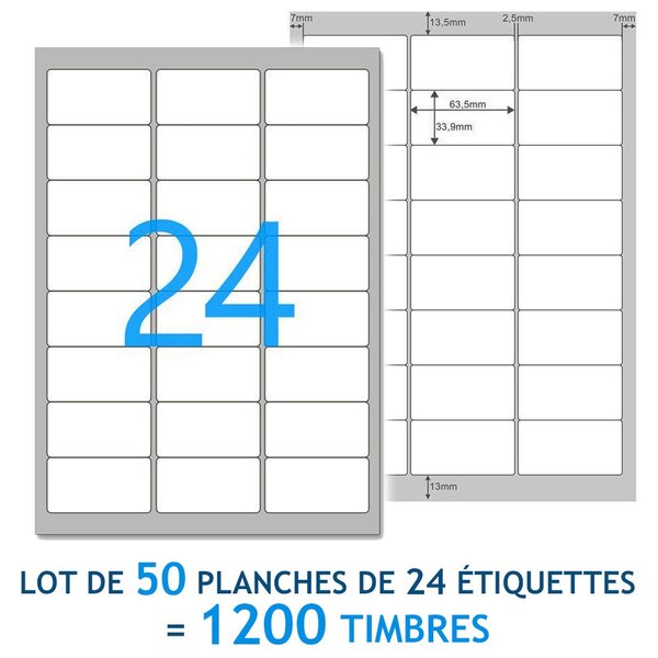 Lot de 50 Planches A4 de 24 étiquettes  spéciales TIMBRE - 6,35 x 3,39 cm = 1200 étiquettes