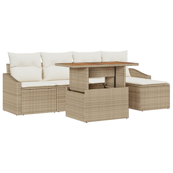 vidaXL Ensemble de salle à manger de jardin 6 pièces avec coussins Beige en rattan poly acacia