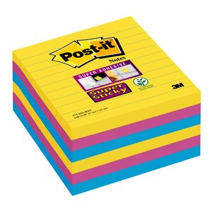 Bloc de notes Super Sticky lignées, 101 x 101 mm, couleurs ultra assorties, lot de 6, 90 feuilles (paquet 6 unités)