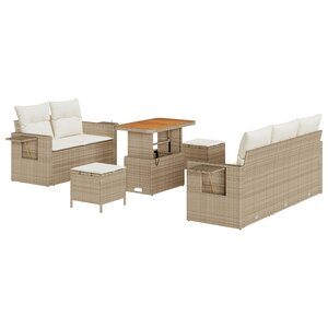 Ensemble Canapé de Jardin de 8 Pièces avec Coussins Beige Poly Rattan Acacia