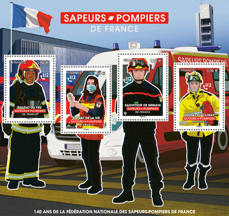 Bloc 4 timbres - Sapeurs Pompiers - Lettre Verte