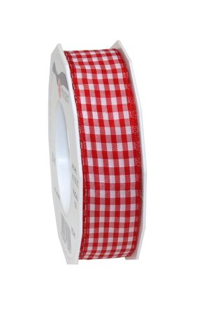 Ruban textile carreau de vichy 20-m-rouleau 25 mm mit draht rouge/blanc