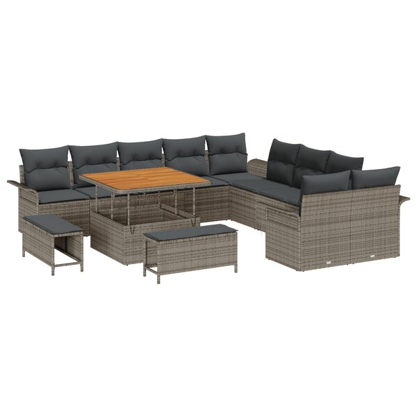 Ensemble de canapé de jardin 13 pièces avec coussins gris rotin acacia