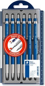 Staedtler Mars Technico 780 Pack de 6 Portemines Techniques - Mine 2mm - Zone de Préhension Métallique - Taille-Crayon Intégré dans le Manche