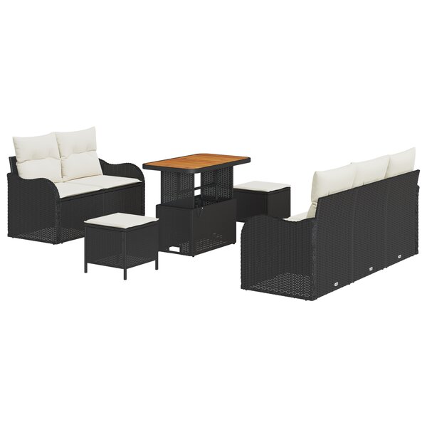 Ensemble de canapé de jardin de 8 pièces avec coussins - Acacia en polyrotin noir