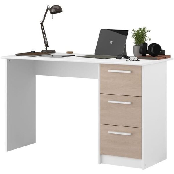 Bureau 3 tiroirs - chêne et blanc 121 x 55 x Hauteur 74 5 cm