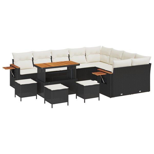 Ensemble de canapé de jardin 13 pièces avec coussins Noir Poly Rotin Acacia
