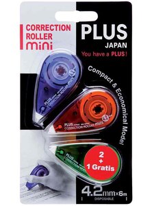 Lot de 3 Rollers correcteur MINI 4,2 mm x 6 m Assortis PLUS JAPAN