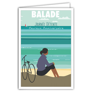 Carte Heureux Anniversaire - Enveloppe - pour Jeune Fille ou Femme - Mini Posters Format 17x11 5cm - Vélo Balade Promenade à Bicyclette Plage Rétro Vintage - Fabriquée en France