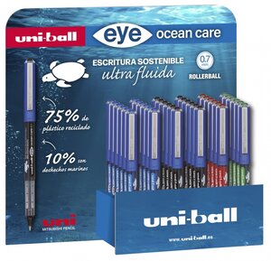 LOT de 36 Uni-ball Eye Ocean Care UB-1570ROP Présentoir de 36 stylos à encre liquide - Pointe bille 0 7 mm - Course 0 5 mm - Encre pigmentée résistante à l'eau et à la lumière - Couleurs assorties