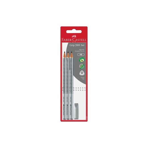 3 crayon graphite Grip 2001, HB + 1 gomme FABER-CASTELL