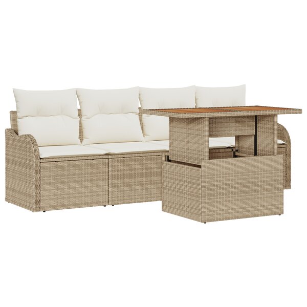 vidaXL Ensemble de Canapé de Jardin 5 Pièces avec Coussins Beige Rattan Poly Acacia