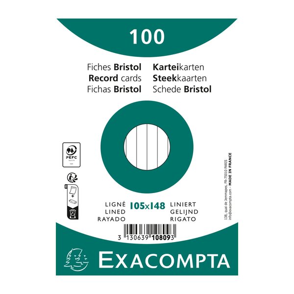 Paquet 100 Fiches Sous Film - Ligné Non Perforé - 105x148mm - Blanc - X 20 - Exacompta