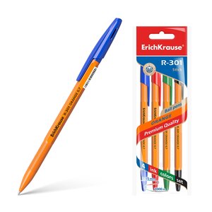 Erichkrause Pack de 4 Stylos Bille R-301 Orange Stick 0.7 - Corps Hexagonal Opaque - Pointe 0.7mm - Encre à Séchage Rapide - Couleur Bleu