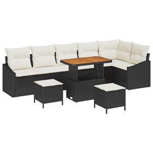 Ensemble de canapé de jardin 9 pièces avec coussins en poly rotin noir et acacia