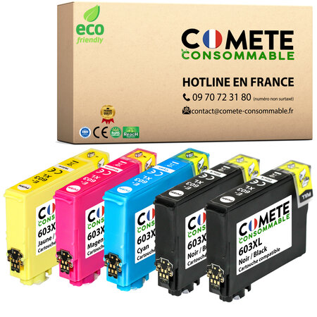 COMETE  Marque Française - 603XL - pack de 5 Cartouches d'encre Compatibles avec 603 XL Etoile de Mer - pour epson expression home - 2 noirs + 1 cyan + 1 magenta + 1 jaune