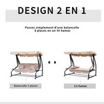 Balancelle de jardin convertible 3 places inclinaison toit réglable 2 tablettes + matelas 2L x 1 2l x 1 64H m métal époxy noir polyester beige