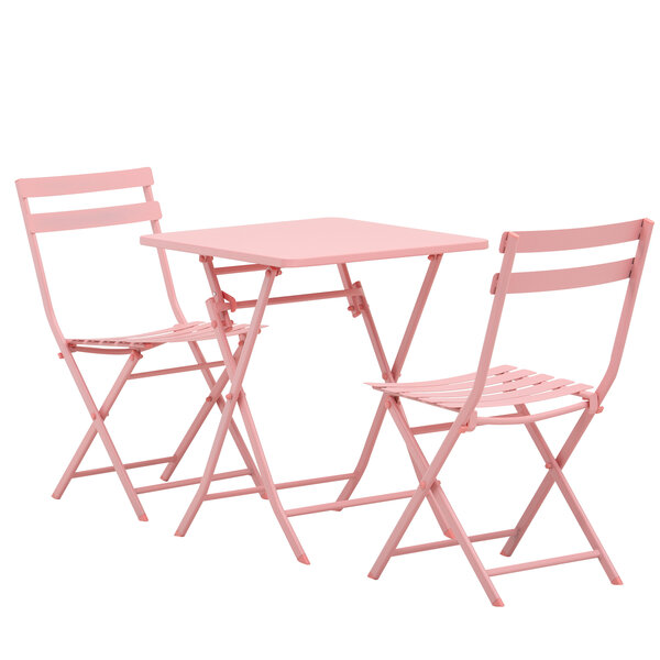 Salon de jardin bistro pliable - table carrée dim. 60L x 60l x 71H cm avec 2 chaises - métal thermolaqué rose
