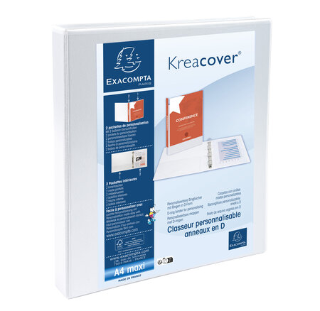 Classeur Personnalisable Rigide 2 Poches Kreacover - 4 Anneaux En D 16mm - A4 Maxi - Blanc - X 10 - Exacompta