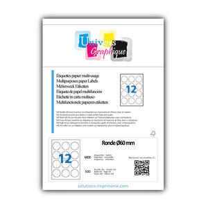 Lot de 500 planches a4 de 12 étiquettes à bords vifs rondeø60 mm en papier blanc 70g/m² multifonction