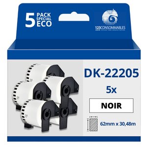 Pack de 5 Rouleaux Étiquettes compatible avec BROTHER DK-22205 - Largeur 62 mm x 30 48 mètres - Texte noir sur fond blanc