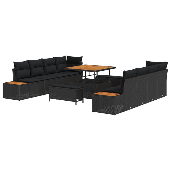 Ensemble de canapé de jardin de 11 pièces avec coussins Rotin poly noir Acacia