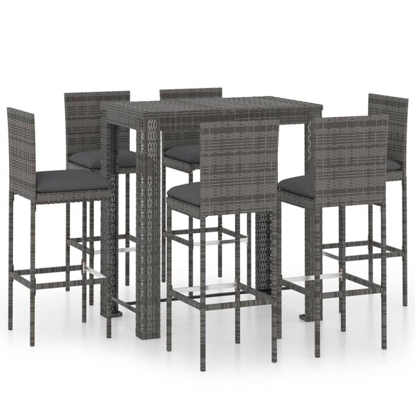 vidaXL Ensemble de bar d'extérieur 7 Pièces coussins Résine tressée Gris