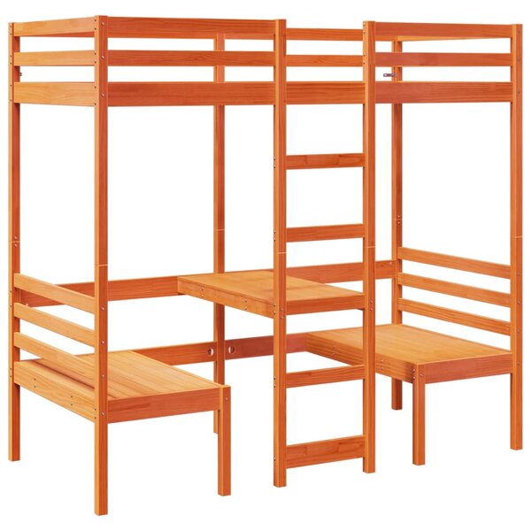 vidaXL Lit mezzanine avec bureau et chaises brun cire 90x200 cm pin